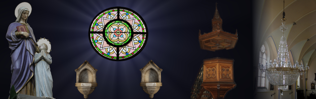 Zleva: socha svaté Anny, kropenka, vitráž, kropenka, kazatelna, lustr v hlavní lodi